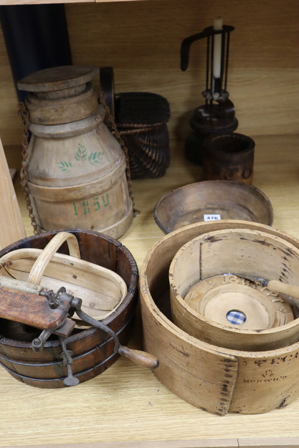 Domestic utensils including Close Wrinser, an ejector-type candlestick, two grain measures, etc (11)